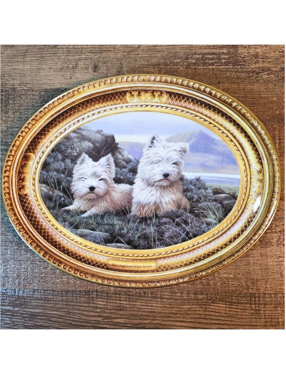 West Highland White Terrier Westie Oval Decorative Plate, "In the Heather"